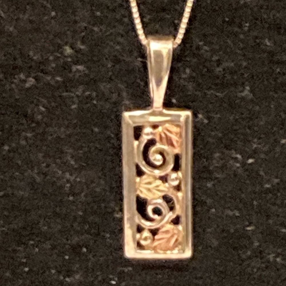 925 Sterling Silver and 12k Gold Rectangular Filigree Pendant Necklace
